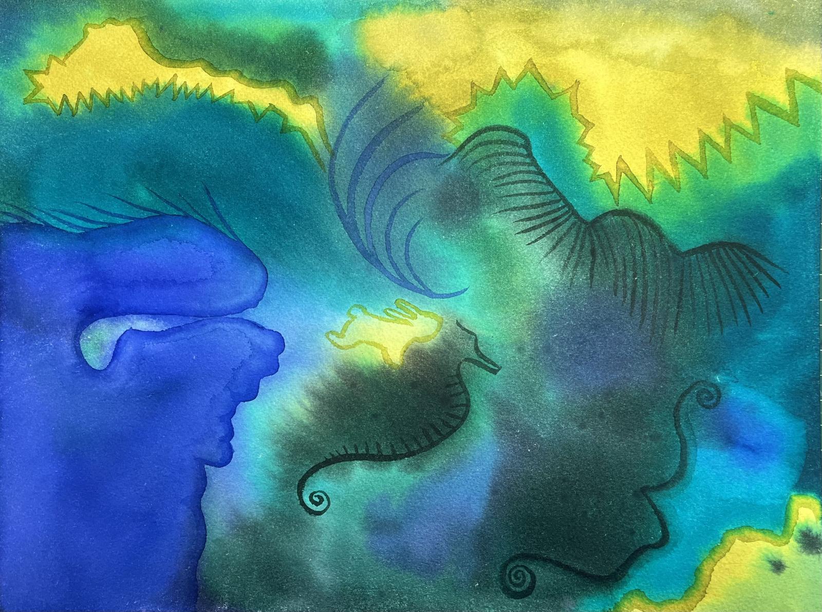 Transparent inks on Arches Watercolor Paper. Inks used: Bamboo Shoot, Provence Lavender, Petroleum.