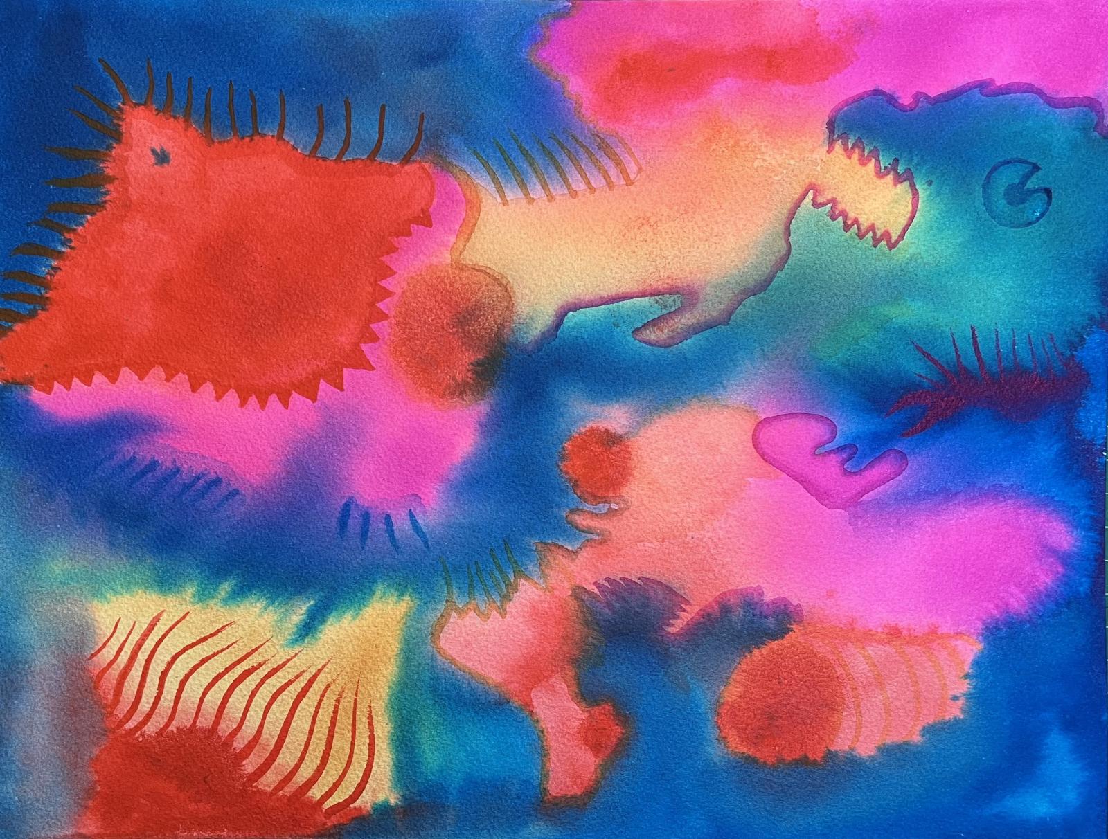 Transparent inks on Arches Watercolor Paper, Inks by Birmingham Inks. Inks used: Napthol Red, Psychedelic Magenta, Triple Sec, Tesla Coil