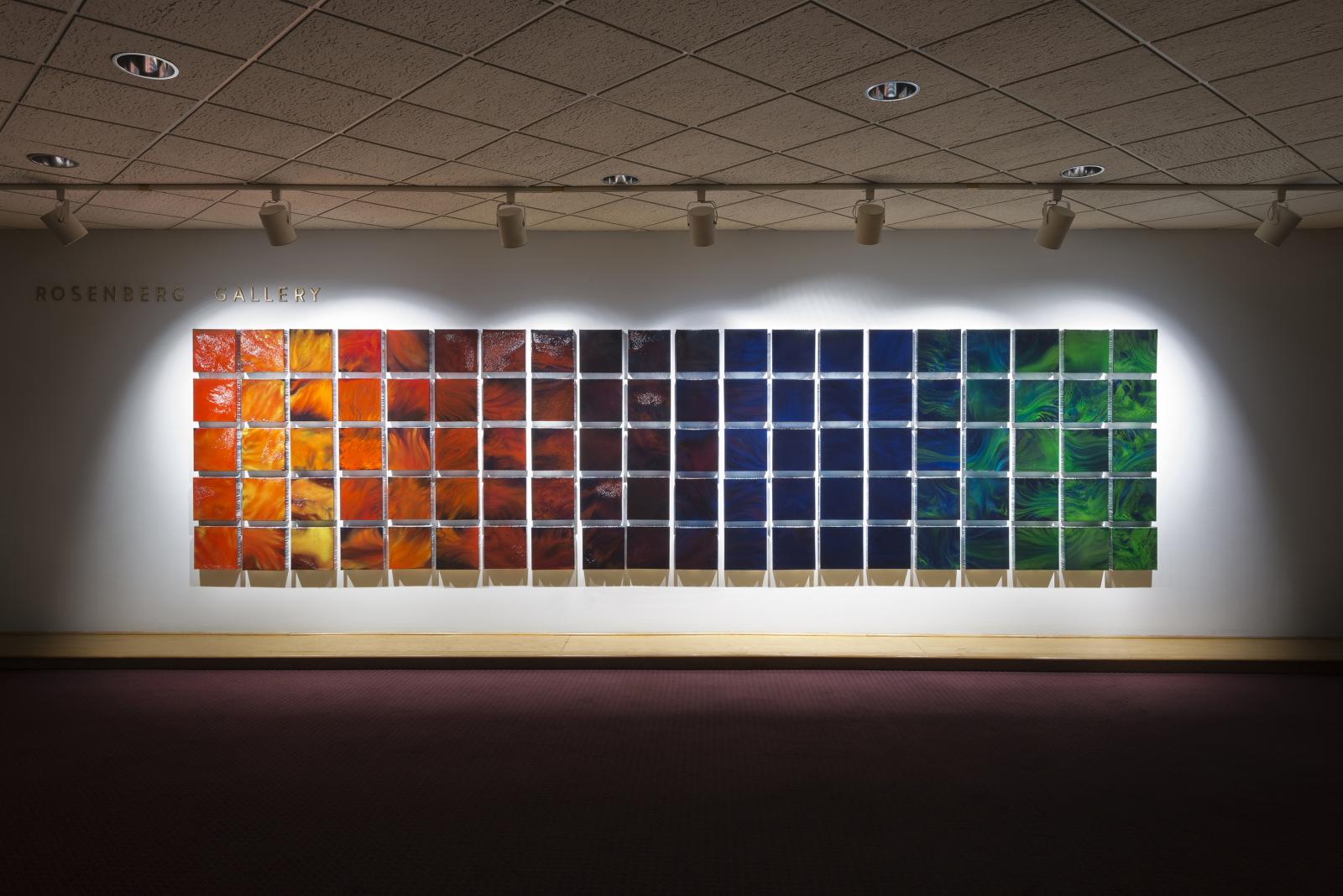 A color story told across a grid of 100 paintings. The imagery interprets the journey of a CME (coronal mass ejection) through space to Earth where it results in the appearance of the auroras.