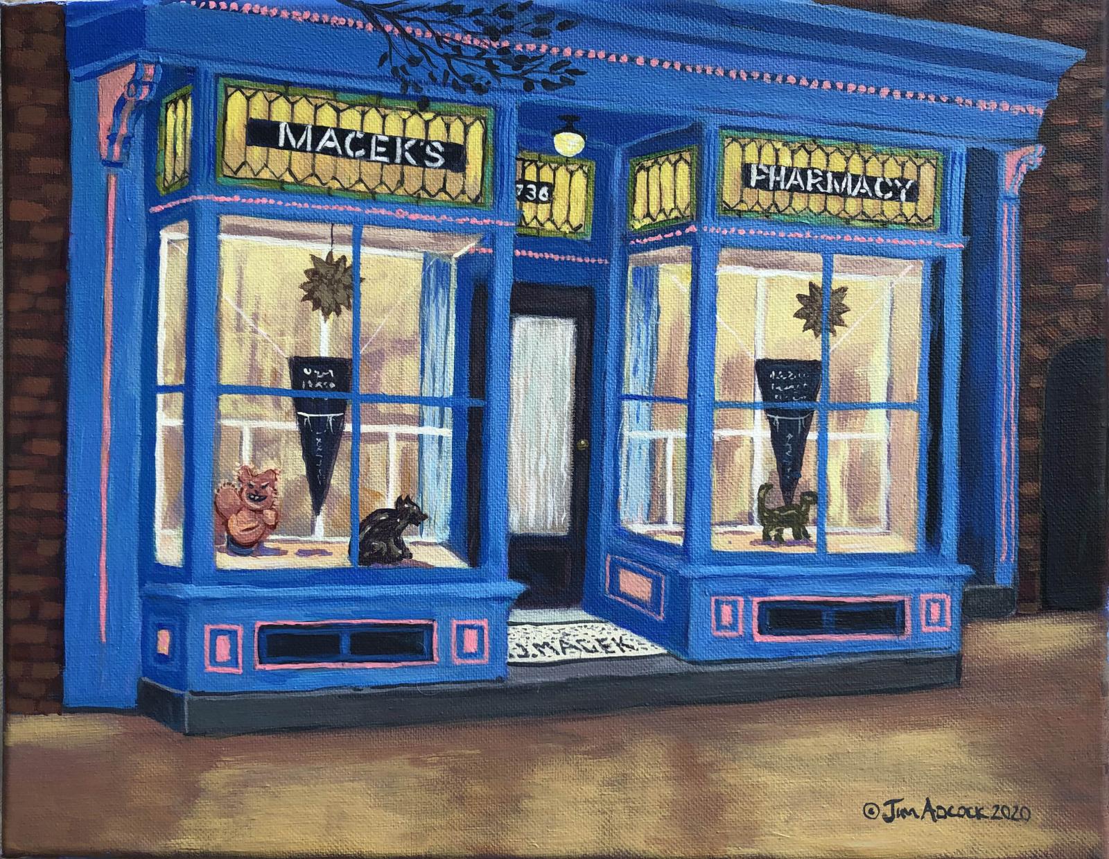 Portrait of Macek's Pharmacy, a landmark in historic Fells Point, Maryland.