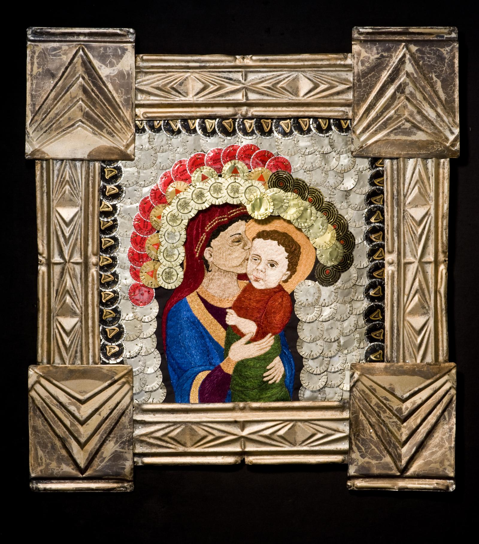 This piece is my version of an icon with a revêtément. Revêtément is a french term that literally means a reclothing. In art history, a revêtément is a decorative covering made to re-clothe a revered icon. These were typically made of embossed silver pieces. Here, I have used bottle caps and tin ceiling scraps.