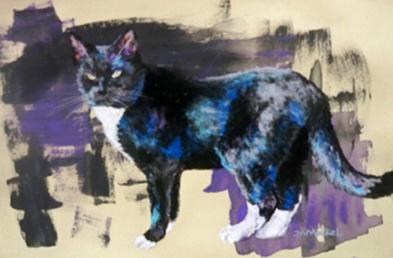 Mixed media portrait of a black cat on an abstract background