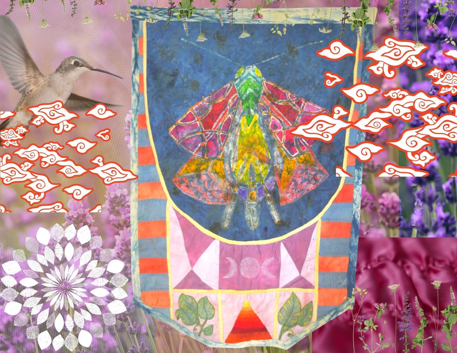 Deep Shadow Walking/ Liquid Earth is Mud continuing from the above image of the banner, this continued installation work would push the banner further into an environmental piece. Currently this is a digital collage, I would need additional support to print patterned fabric, create hanging clouds and embroider onto netting to complete this work.