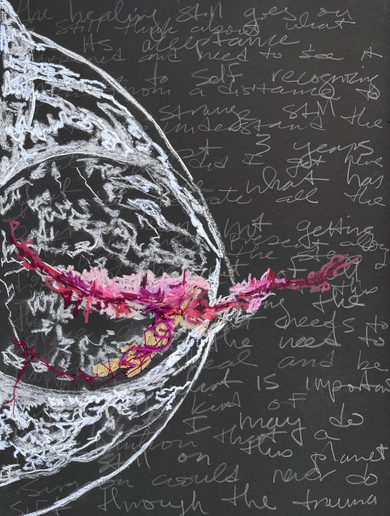 Deborah Tomlin was diagnosed with breast cancer in 2022. Treatment left her with physical and emotional scars and an unfamiliar body. In an attempt to reintegrate her new self image Tomlin began combing through images of her experience. This led Tomlin to a series of drawings based on mammography films of her breasts taken throughout her diagnosis. In Mammography Journal- Written on My Body and Mammography Journal-Healing Still, text from journal entries is layered behind and beside the mammography image to transform the clinical to the personal, expressing her anger and grief.  Tomlin stitches directly into the paper with yarn and thread, creating collaged scars to reframe her sutures through the lens of darning and mending. Traditionally women’s work, mending transforms an object ripped and torn into a material stronger and more beautiful by the act of repair. 
