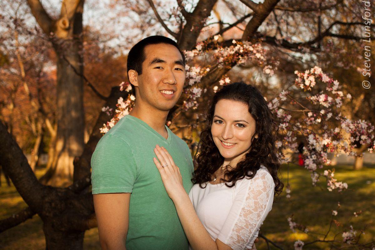 A shot of Margaret and Geoff during their cherry blossom engagement shoot.