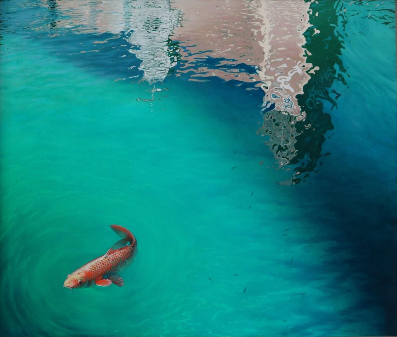 As the reflections dance on the surface of the canal water, a head pops up to take a look at what is going on.