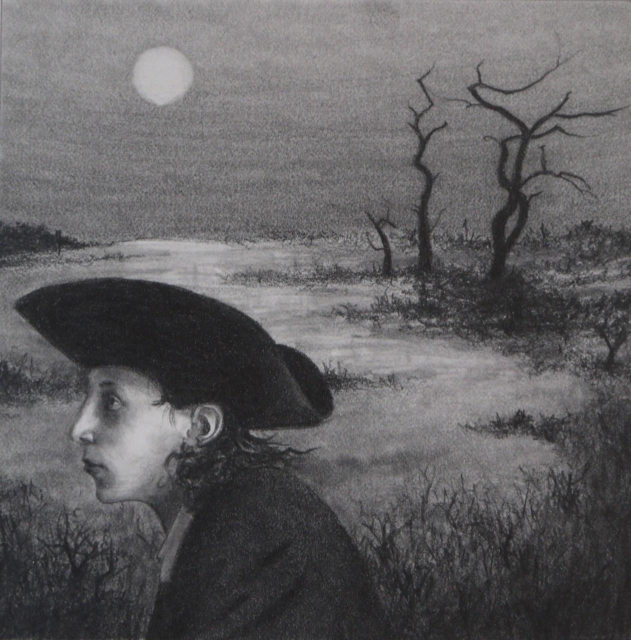 A young fellow cuts through the swamp as the moon is rising, a very long time ago.