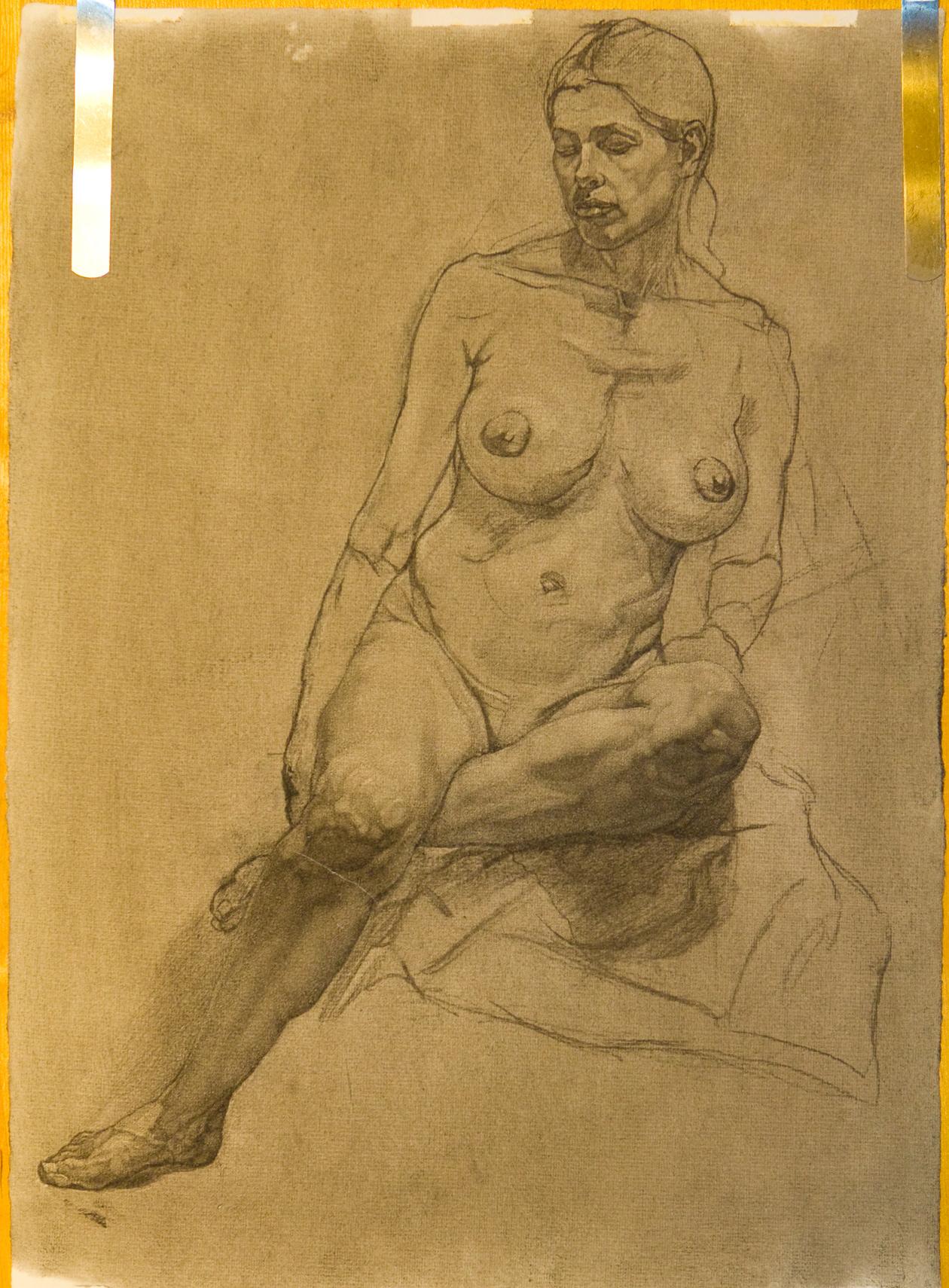 Charcoal drawing of life model, Marina, Seated Aphrodite Study, by P. Brad Parker