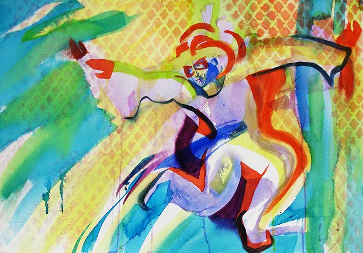 brightly colored and patterned acrobat painted in watercolor