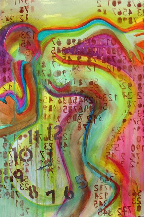 "Beam Me Up" is a watercolor on paper, 24" h x 18" w painted in 2018.The figure of an active woman is dissolving into energies of colors, numbers, and light to be "cyber transmitted" elsewhere and materialized at her new location. The "count down" clock is starting from 12 and counting backward.