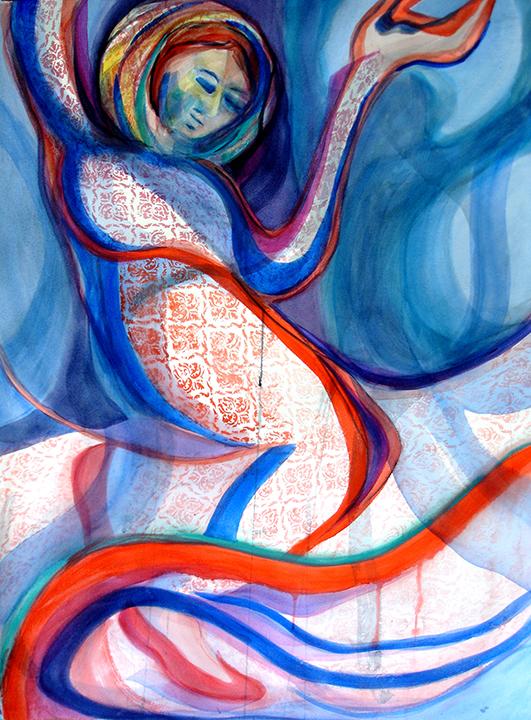 "Dancing with Shadows" is watercolor, 30" h x 22" w, painted in 2018. It's hot contours and patterns are set in a cool ground. The swirling figure is casting shadows or dancing with shadows.
This could be someone dancing with youthful memories or memories of a special dance partner.