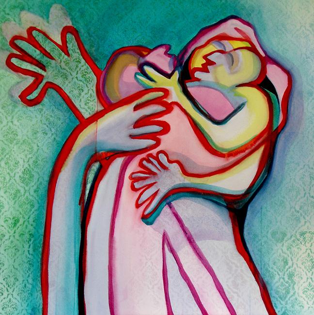 Embracing, entwined figures in ecstacy painted with hot red contour line and cool background stencils. watercolor