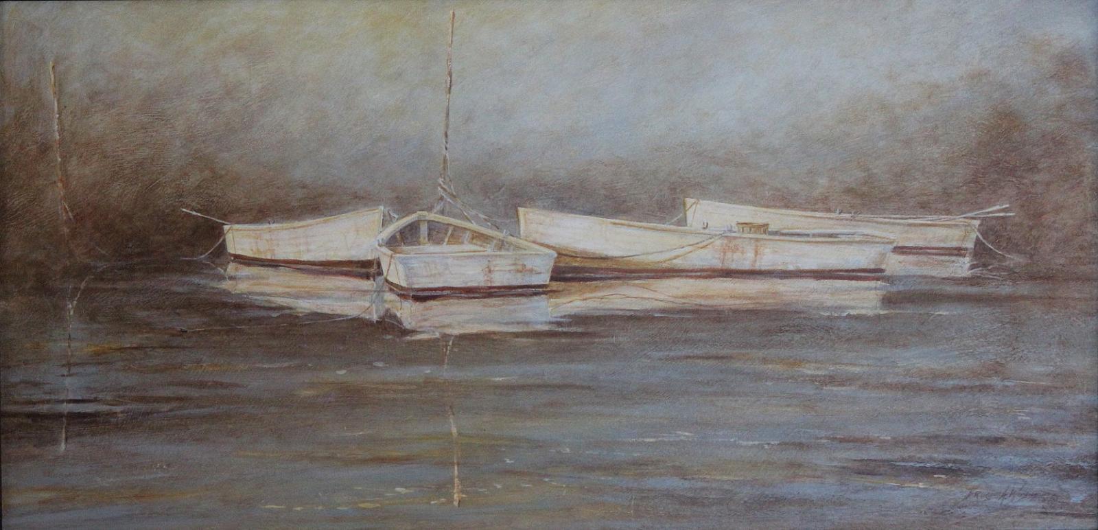 Rowboats and skiffs tied to the same anchor pole.