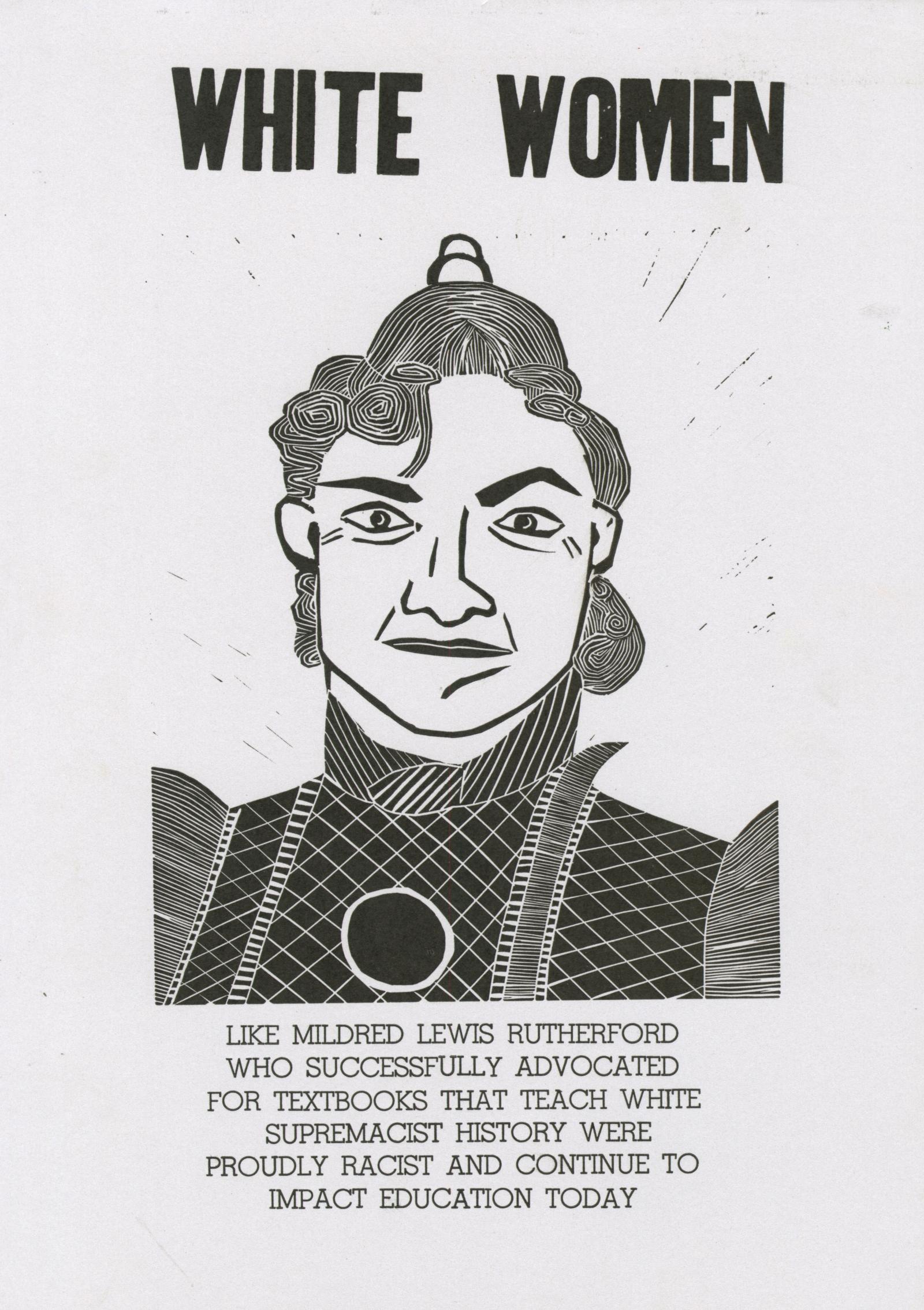 Linocut with handset type portrait of Mildred Lewis Rutherford, from "Historical White Women" series