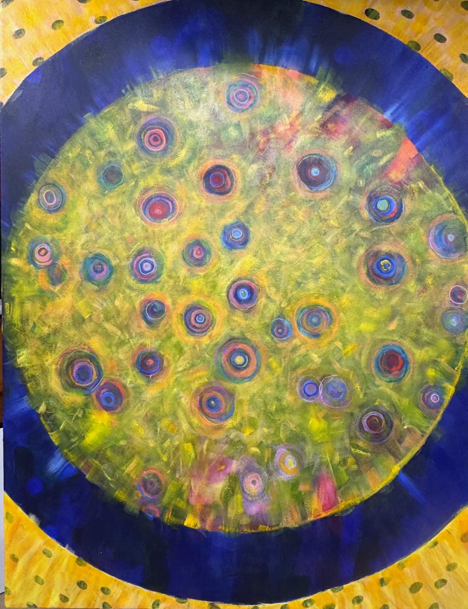 This painting demonstrates a decisive moment where intuition, structure, and chromatic intelligence are no longer negotiating, but operating in concert.
A dominant circular boundary asserts itself as both container and field. 

It functions simultaneously as an organizing geometry and a perceptual threshold: a space within which energy accumulates, disperses, and recombines. Unlike earlier works where color-field expansiveness might suggest boundlessness, here the circle introduces a deliberate constraint. That constraint does not limit expression; it intensifies it. The viewer’s attention is pulled inward, repeatedly, toward a system rather than a scene

Within this field, the constellation of concentric orbs—each distinct yet clearly related—signals a mature evolution of your long-standing interest in vibration, frequency, and the non-verbal language of color. These forms are not symbols in the illustrative sense; they operate as pulses. Their repeated structure establishes rhythm, while their chromatic variation resists monotony.