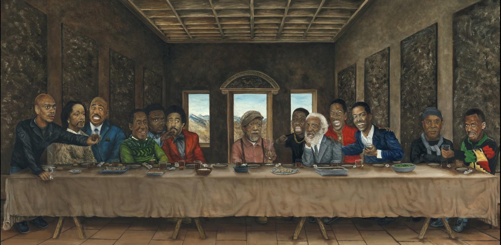      A tribute to Leonardo Da Vinci’s "Last Supper", this painting has been created to show the legacy and lineage of “Black Comedy” in America. The way that Redd Foxx was able to bring the realities and difference between races to the mainstream media while still being able to create laughs with such raw material is in my eyes the seed of what drastically changed the way comedy was interpreted by society. In doing so, gave a voice to black Americans to begin a conversation of injustices and disparities being told through stories by Richard Pryor, Bill Cosby, Paul Mooney and Dick Gregory (who ran for president). Every glass ceiling shattered payed the way for the next comedian to take the ball a little further of what it meant to be a comedian.

            The next generation of comedians were able to take the pop star attention comedians received beyond the stage and paving a way for more black faces to be casted on television for more people to be able to experience. Eddie Murphy, Martin Lawrence, Steve Harvey and Bernie Mac can be considered The next in line to the throne the way they commanded attention globally for relating experiences and creating platforms that opened the doors to many greats who may otherwise not have been found. From that opportunity to perform because of their predecessors, we have had the opoportunity to see comedy turn to injustices and  politics as well with acts such as Chris Rock, Dave Chappelle, Kevin Hart and Katt Williams.  In this painting, depicted is the symbolism of Bill Cosby comparably as  Judas in Da Vinci's original work. Due to the controversy yet evaluating the positive effects of his time within the field of comedy it seems fitting to mirror placement. The lineage of "Black Comedy" should be celebrated, thus ﻿"The Last Supper of Comedy."