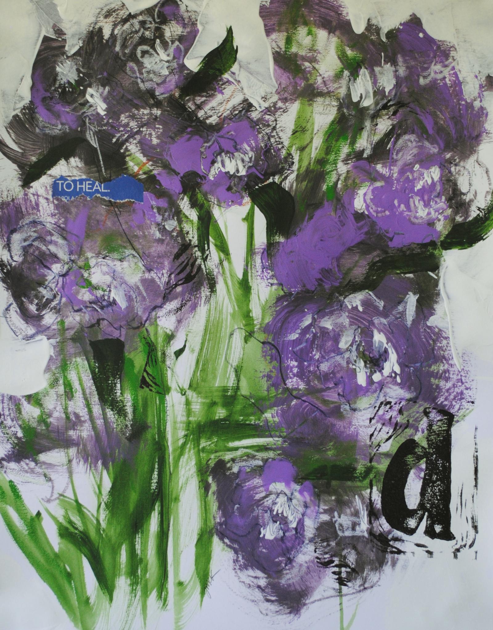 Abstract painting of flowers on paper with collage and printmaking