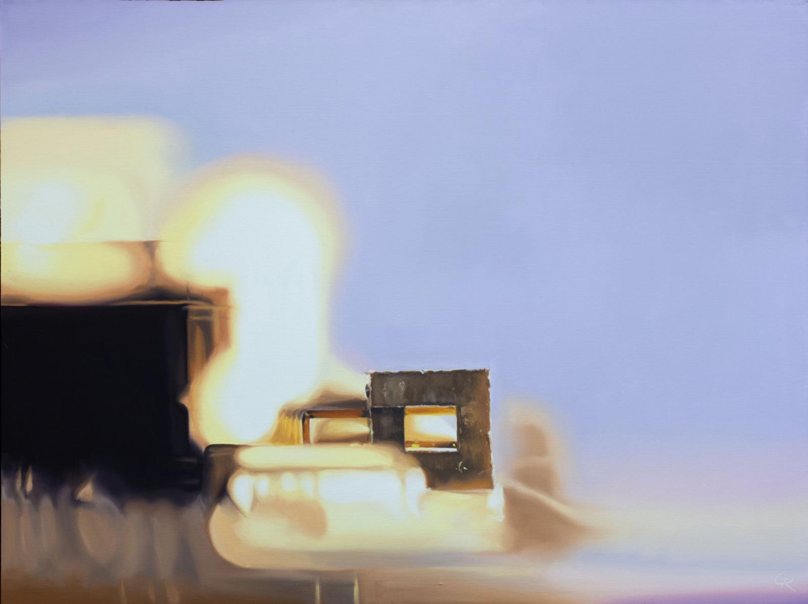 Original oil painting of circuitboard painted to resemble urban landscape