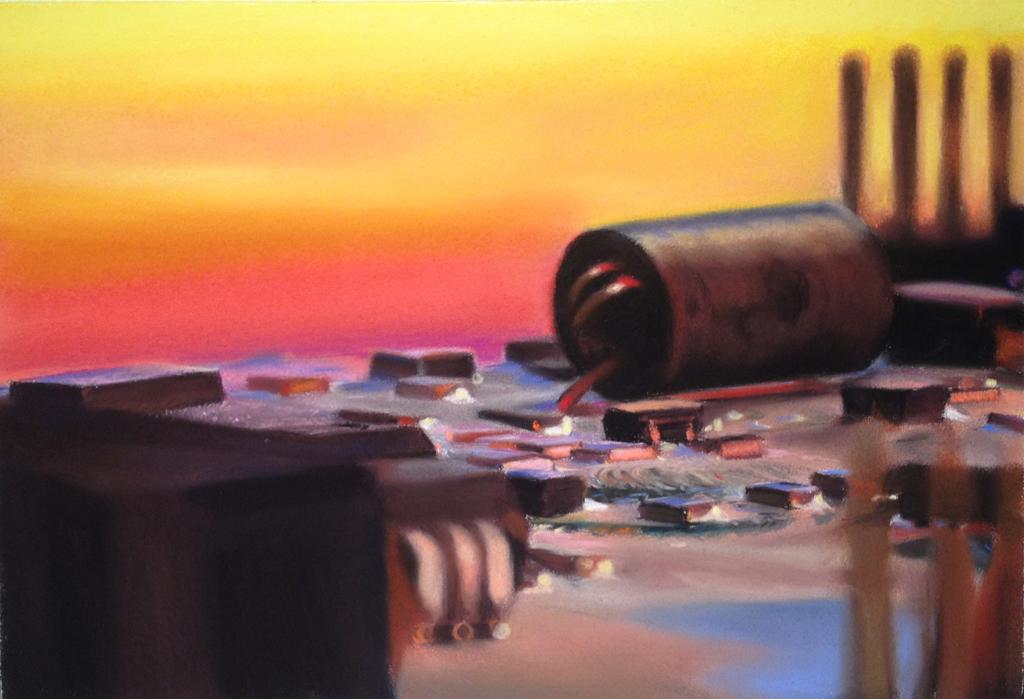 Original pastel drawing of circuitboard painted to resemble urban landscape