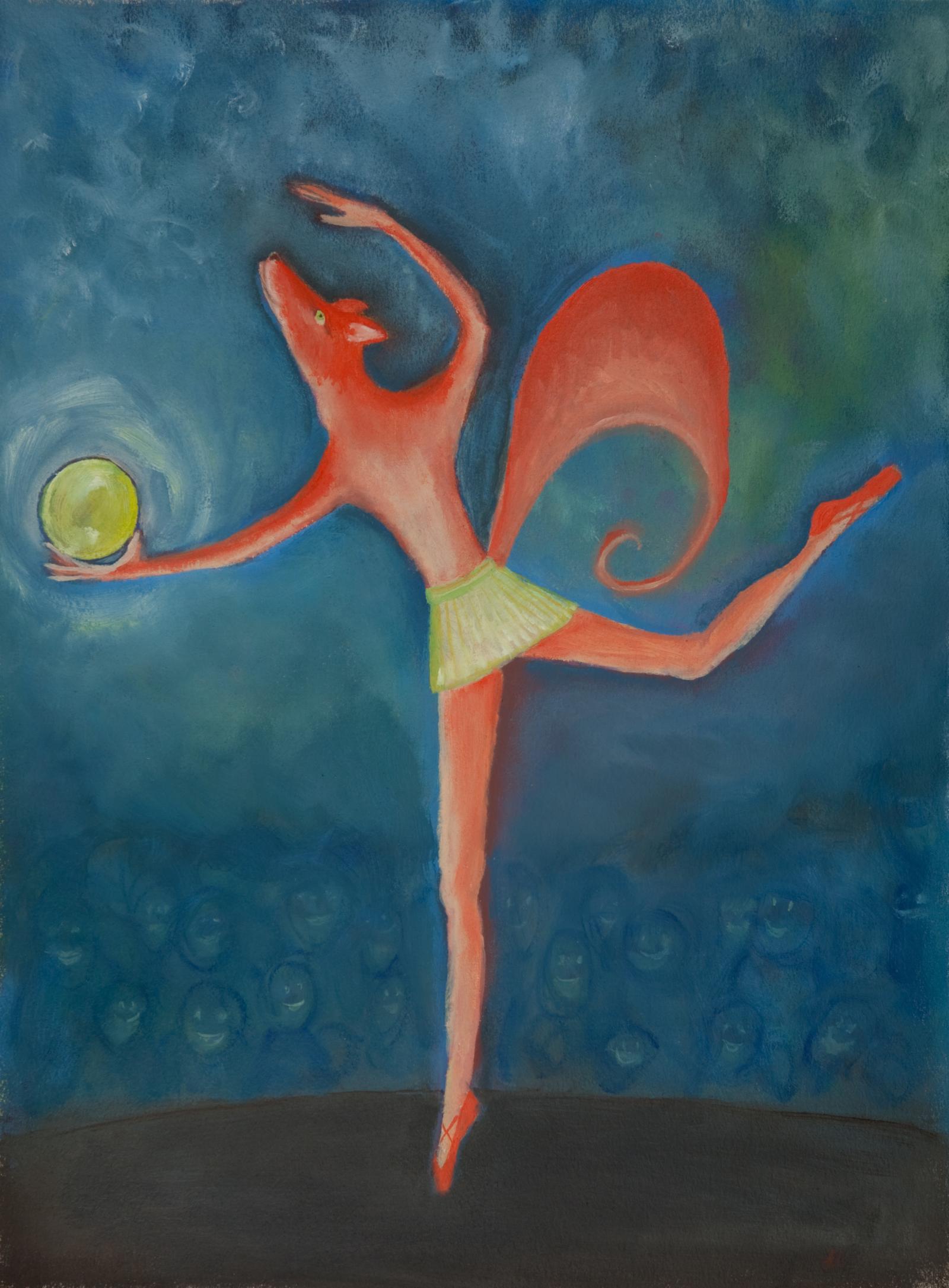 Whimsical oil painting of ballet dancing pink fox on stage