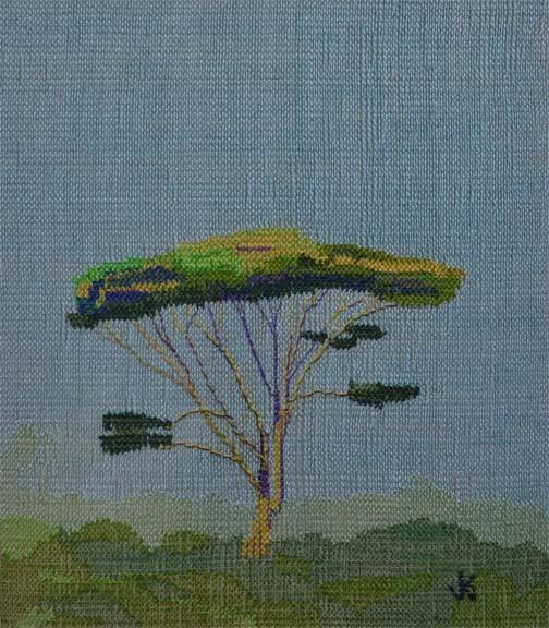 Yellow Fever Tree catching the morning sunlight as it comes over the Rift Valley, Handpainted handwoven linen with cotton inlay