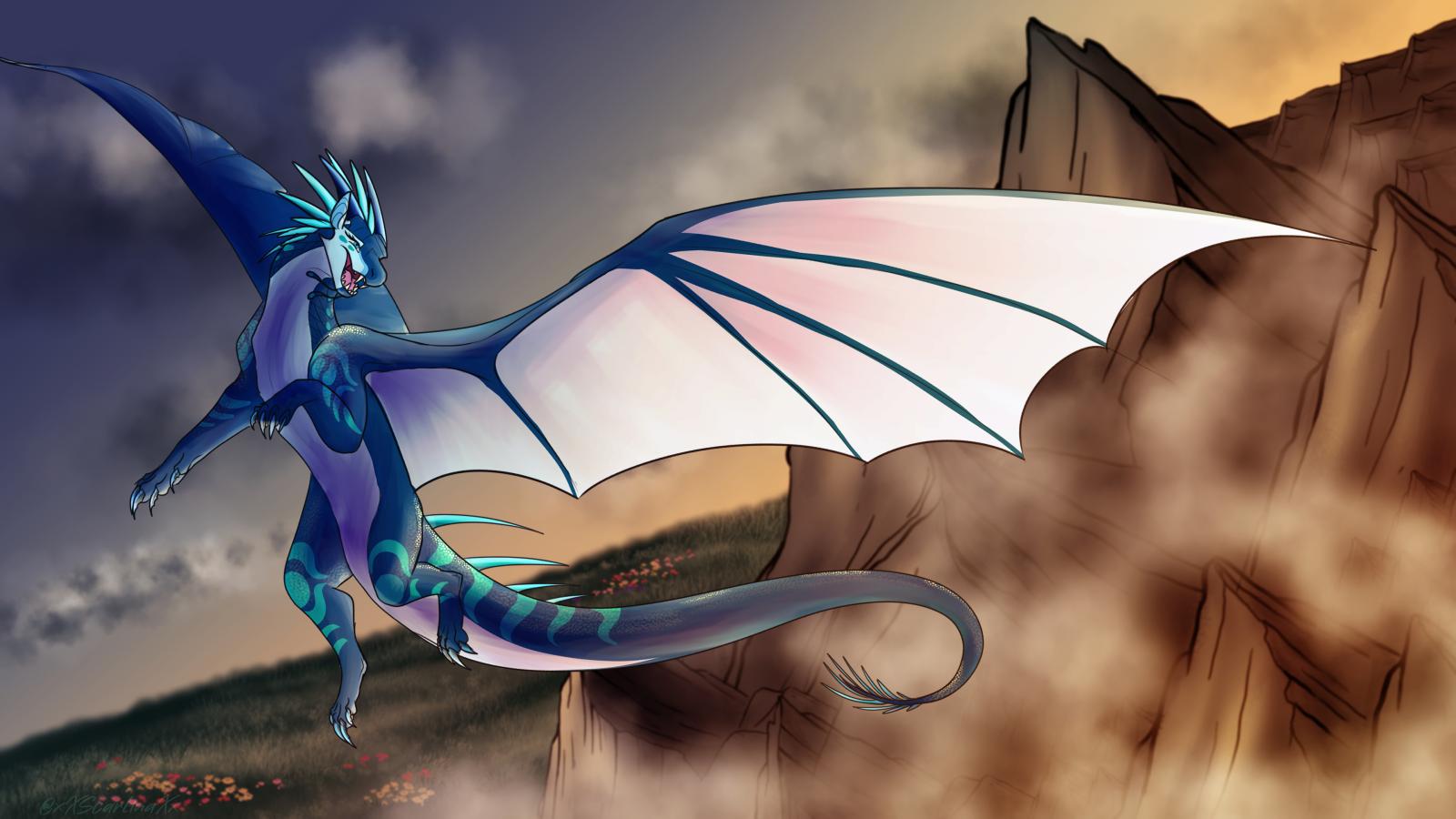 Dragon flying high above a mountain scape