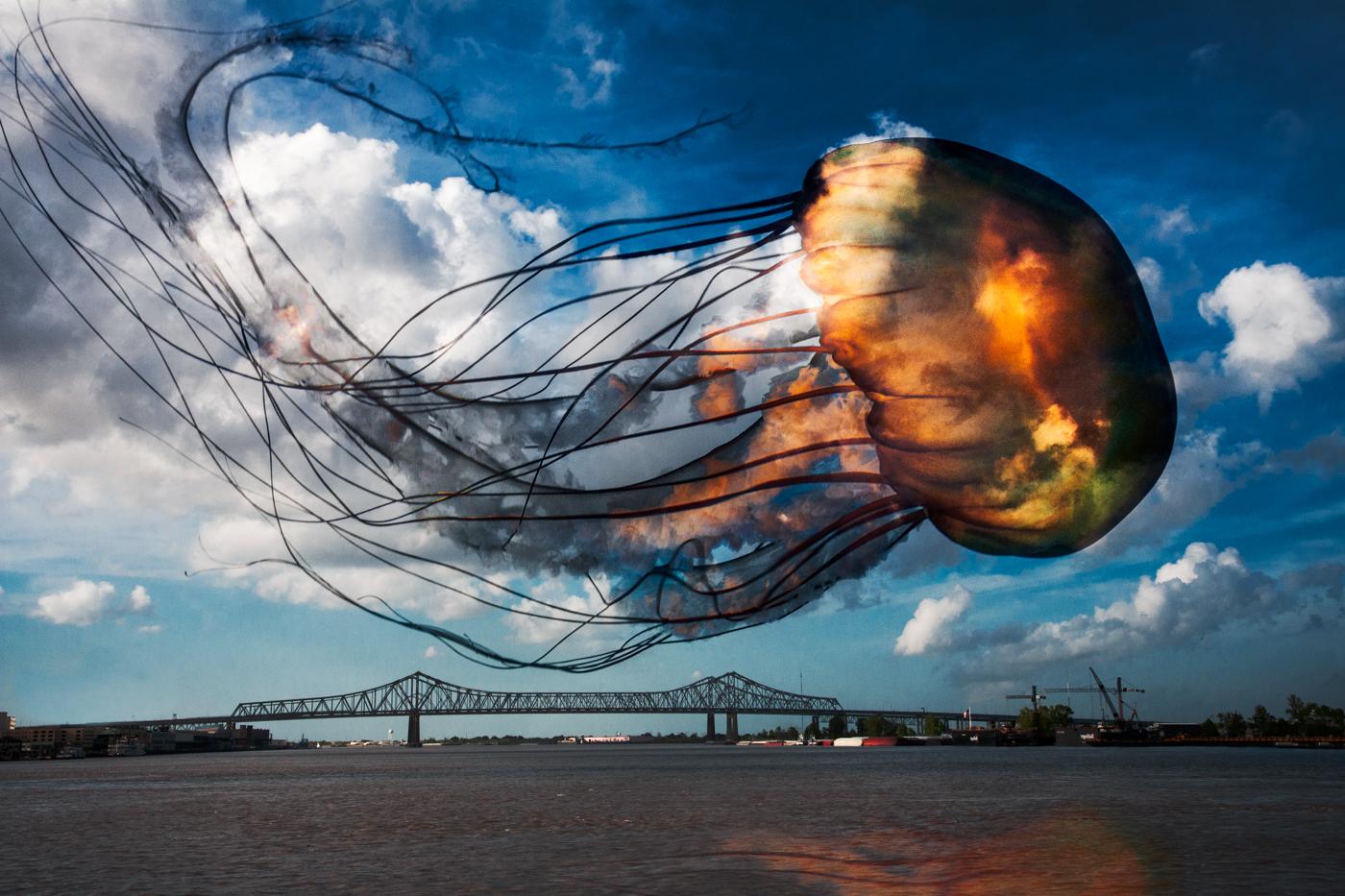 I visited the Baltimore Aquarium and saw the Jellyfish. They were beautiful and surreal, pulsing around in their aquarium. But it seemed to me they were trapped in glass boxes and trying to get away. I decided to let them out of their cages and let them roam free.  So, I made these images to free the Jellyfish.