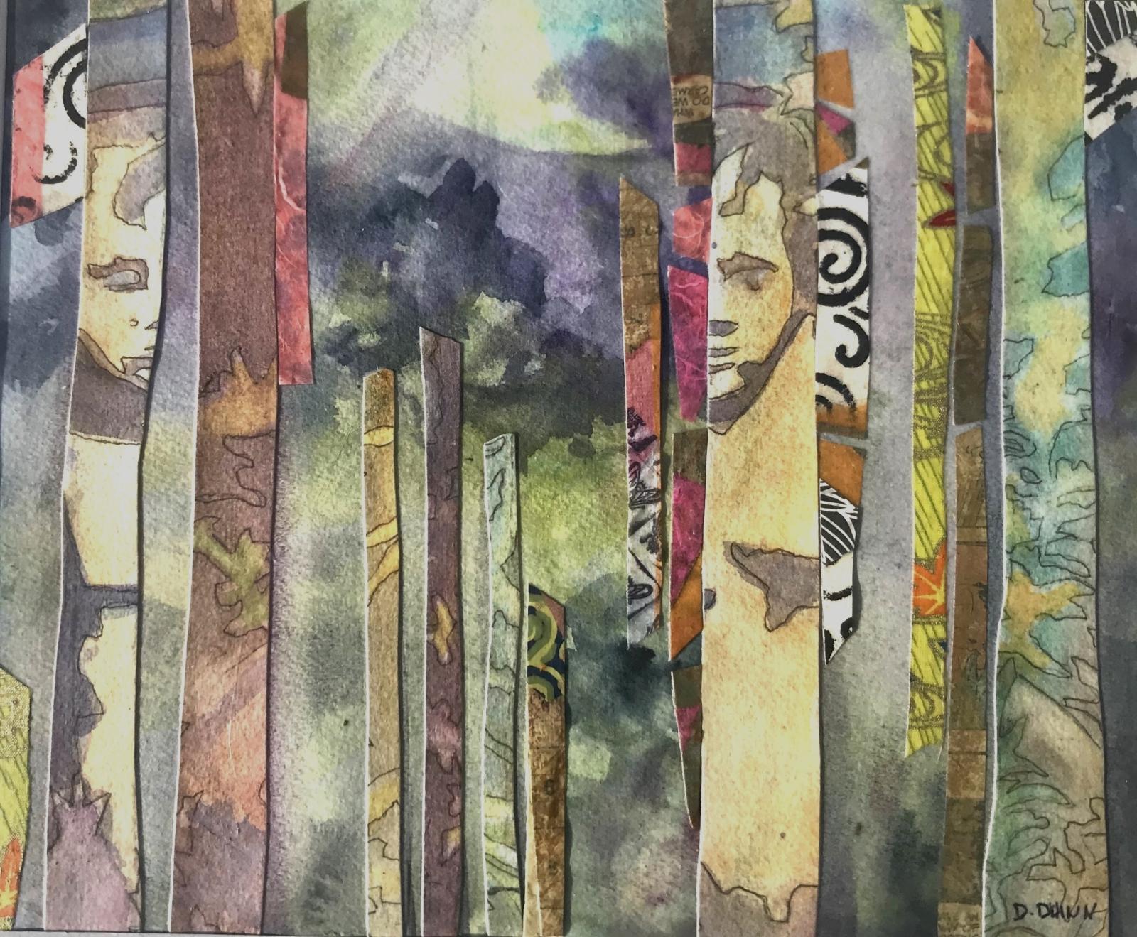 Multi-medial collage (watercolor and hand-painted paper on board)
Inspired by trip to Blue Ridge mountains  in evening mist, when the spirits come out.