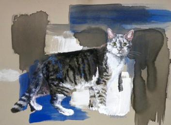 Mixed media portrait of a gray tabby cat on an abstract background