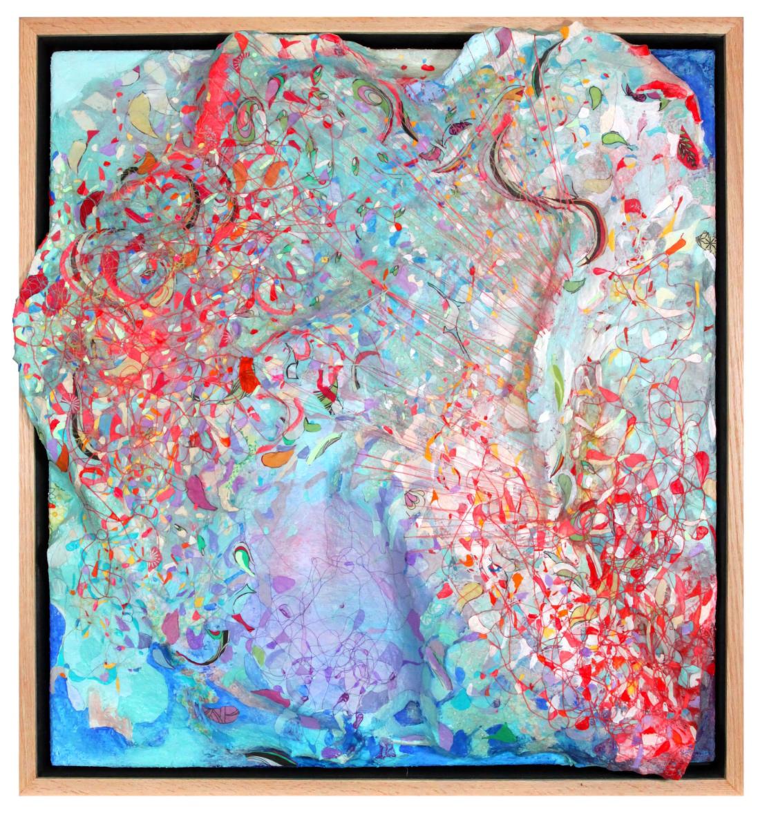 This is a three dimensional sculptureal painting made with wood, wire, thread, thread,acrylic and collaged paper. It is inspired by the thought of cell division and the brilliance of coral reefs.
