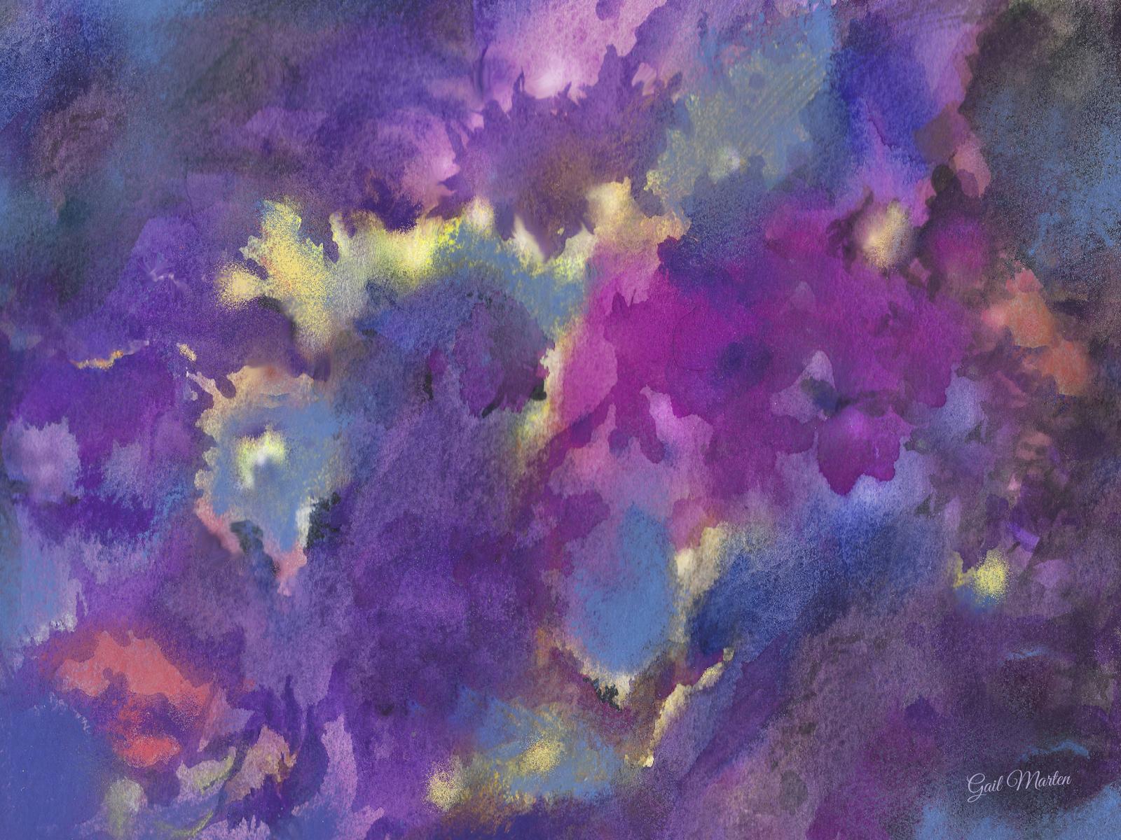 Expressive abstract composed of mostly vivid purple with blue, yellow and orange accents