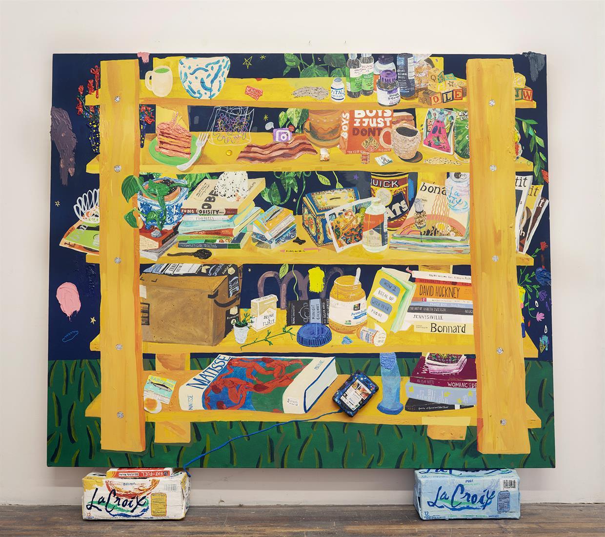 Acrylic painting demonstrating various applications of painting technique. Painting has assorted materials attached such as real birthday candles and a plaster sculpture of a cell phone. Painting sits atop two plaster and cardboard sculptures of La Croix boxes. 