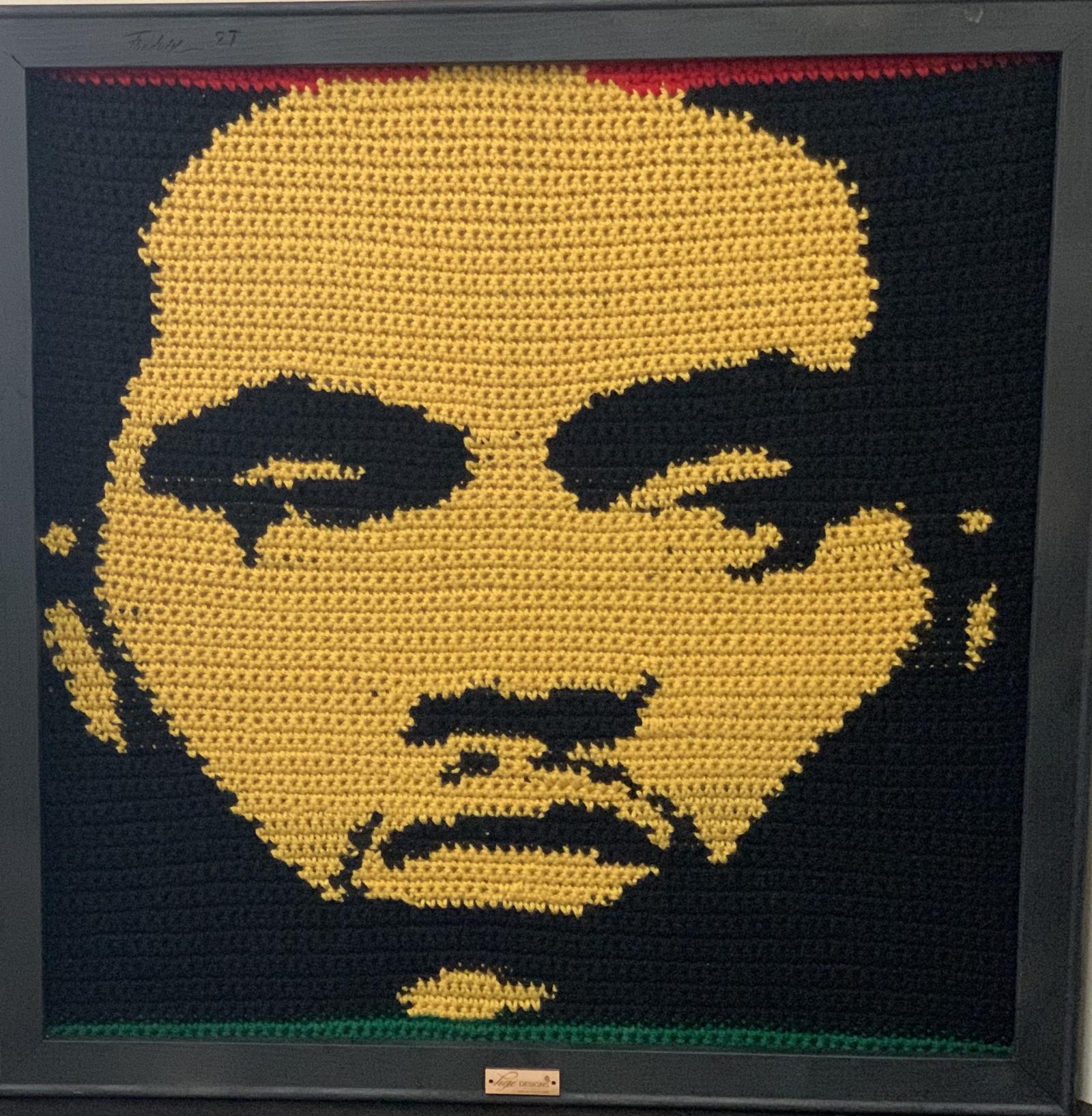Hand crocheted portrait of Nasir Jones