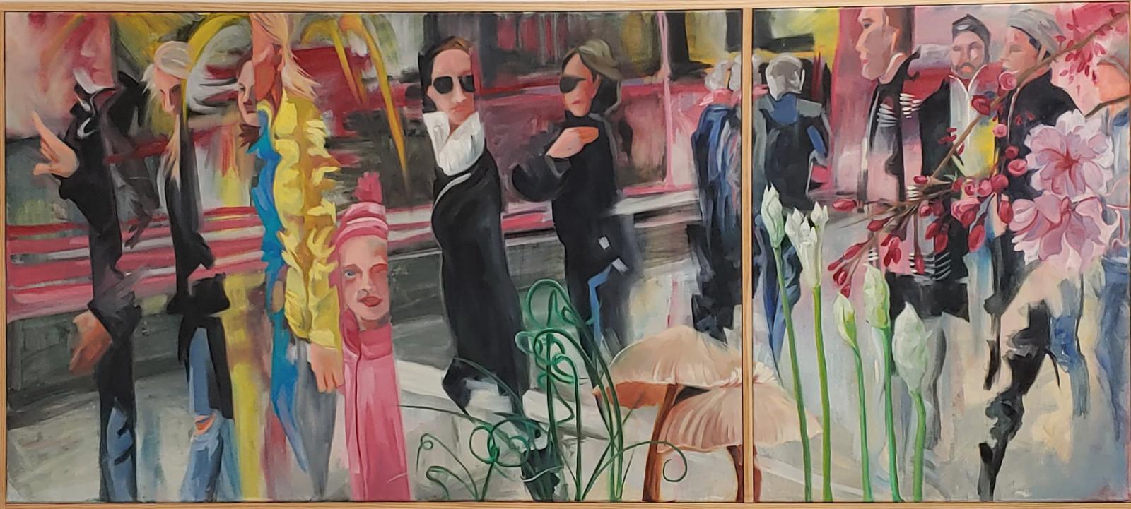 This diptych painting combines images of pedestrians in NYC with images of plants I observed during my daily walks during the beginning of the pandemic. It is a reflection of how growth continues, nature preservers, even when people are not easily able to be together in public.   