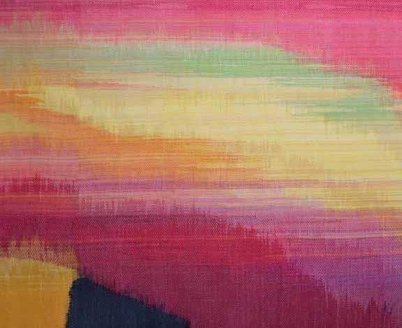 Close-up of Flower petal created by hand weaving dyed linen and cotton on a hand dyed linen warp