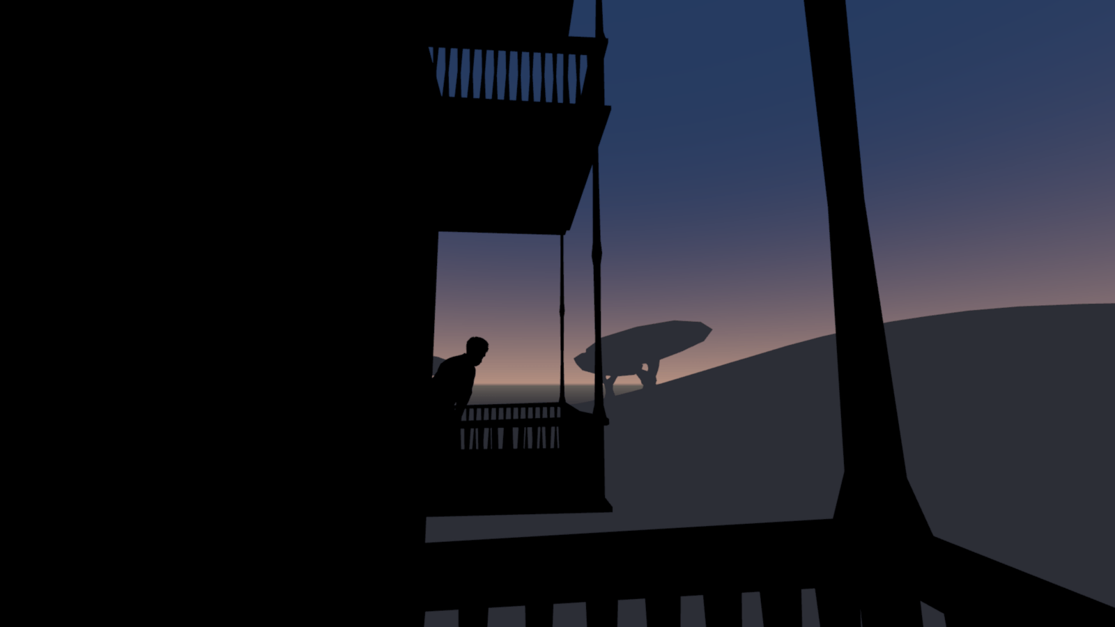 This is the first in a multipart videogame project titled Night Walks. Night Walks is a series of interconnected software objects that are intended to explore expressive, environmental entities that exist on the level of the landscape. On a private server, the player's actions are recorded, and Night Walks, in its various client instances, calls up this memory data and responds to it.

Night Walk 1 is a virtual reality landscape, where the player is on a balcony surrounded by and isolated from silhouetted neighbors. The environment records certain actions the player performs related to their gaze and this data is sent to the  server, to be interpreted by other software objects in the series. The landscape comes toward the player like a wave and repeatedly crashes over them, leaving them in temporary darkness.