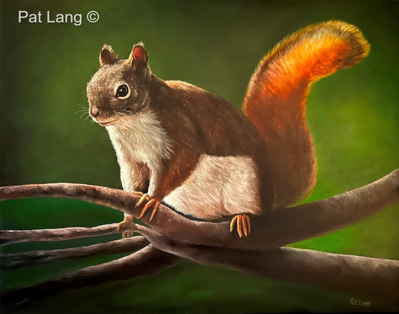 Oil painting of a squirrel on a branch