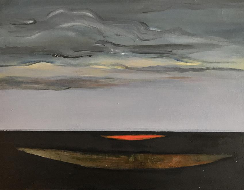 Oil on masonite, clouds with ocean and canoe shapes