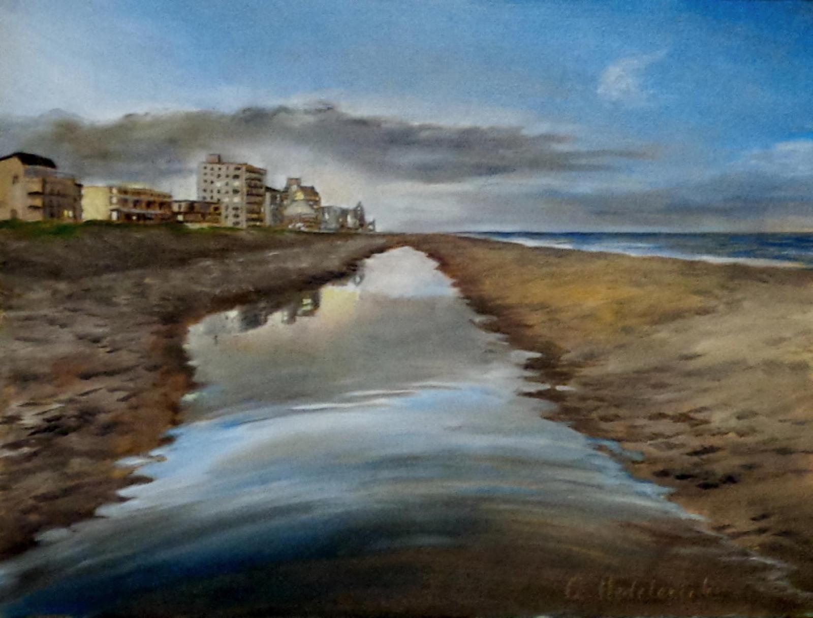 Once in a while the beach at Ocean City will hold a long, narrow tidepool for house after the high tide. I painted this one just after sunset, with the lights of the city reflecting in the water.