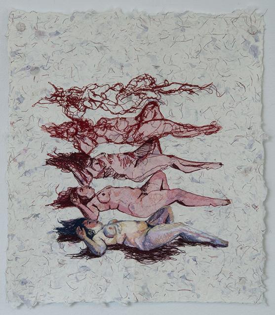 Using reclaimed threads from my previous works and mixing them into paper pulp, I build a surface that becomes symbolic of how the past can impact you in present time. The figures in red represent the unseen inner world. A raw and unfiltered response to the intense sensations running through my body, along with the strong emotions that go with it. Whereas the figures in full color offer a more complete view. A conduit of converging experience. (Photography by Kimber Harris-Wiegand)

