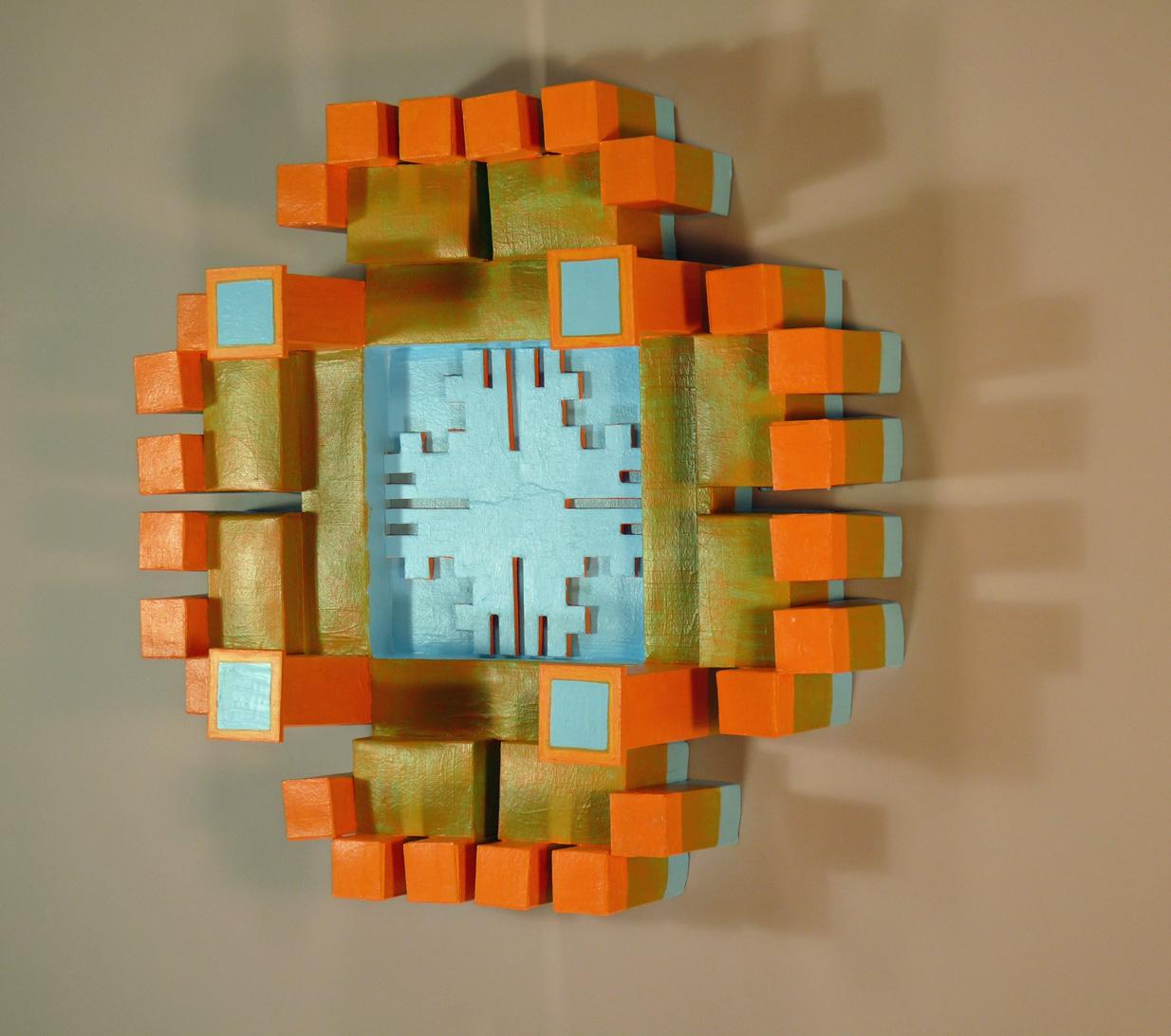 three dimensional geometric abstraction, wall hung sculpture
study of colors and overlaying of colors