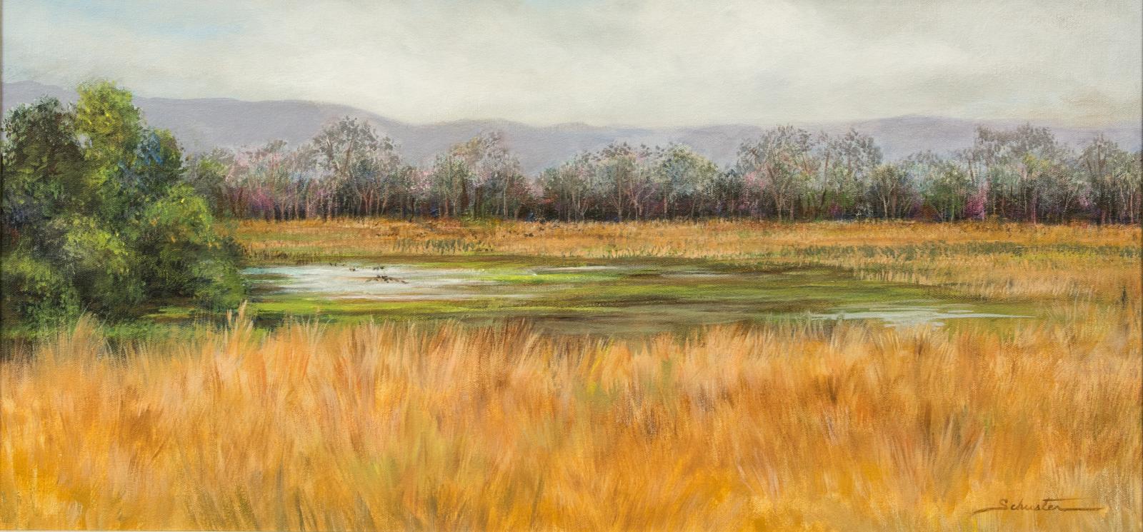 Acrylic painting of a Spring landscape after a rainfall