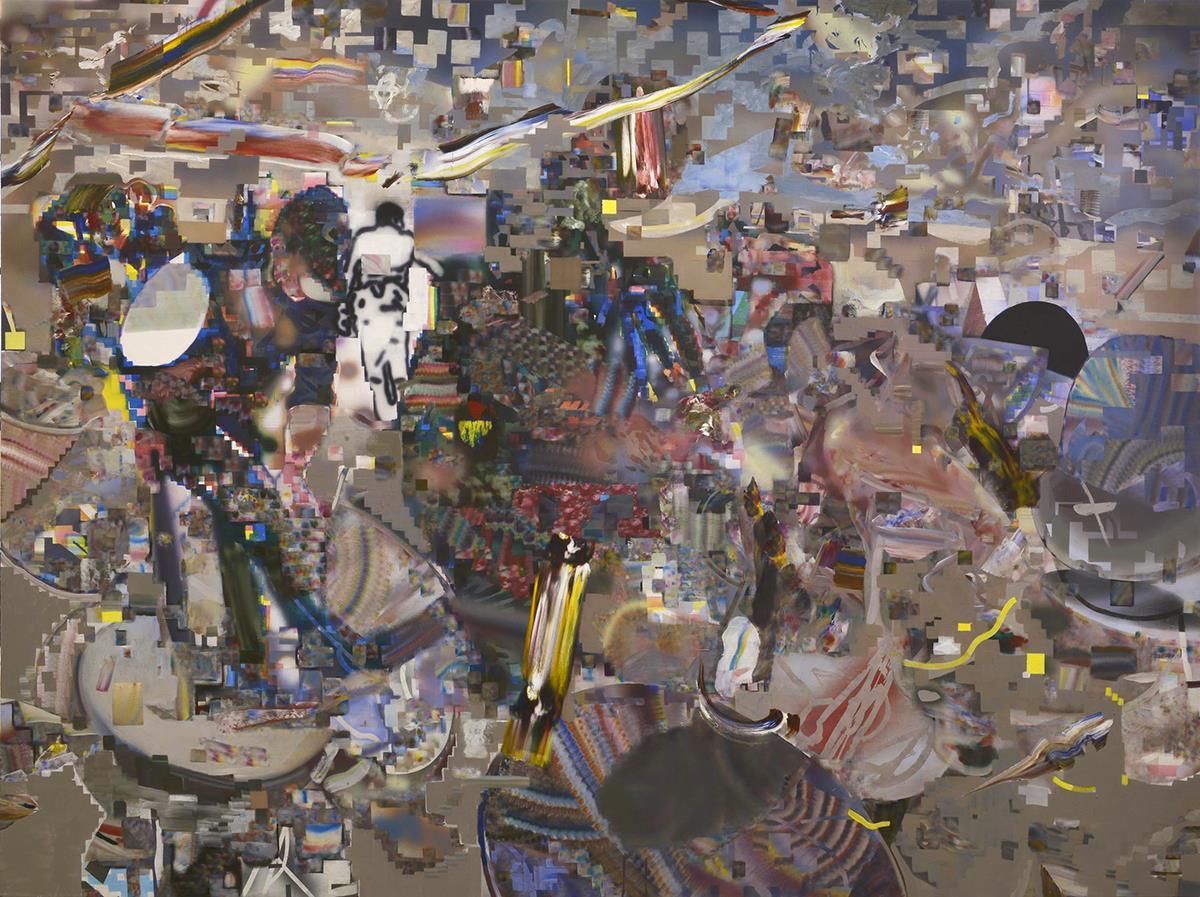 In this painting I used acrylic and various palette knives, rollers, and airbrush to create complex, highly detailed surface and glitchy quality, since the source image police are seen destroying satellite dishes on the rooftops, thus preventing uncensored media access in Iran.