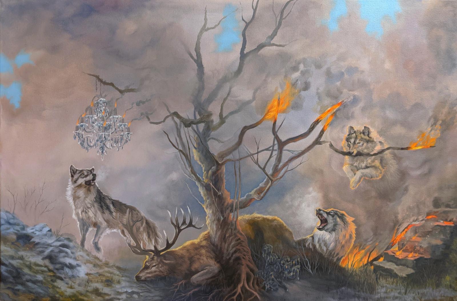 A psychological self portrait painted during the pandemic in 2020, featuring wolves, fire, and nature as aspects of the mind.