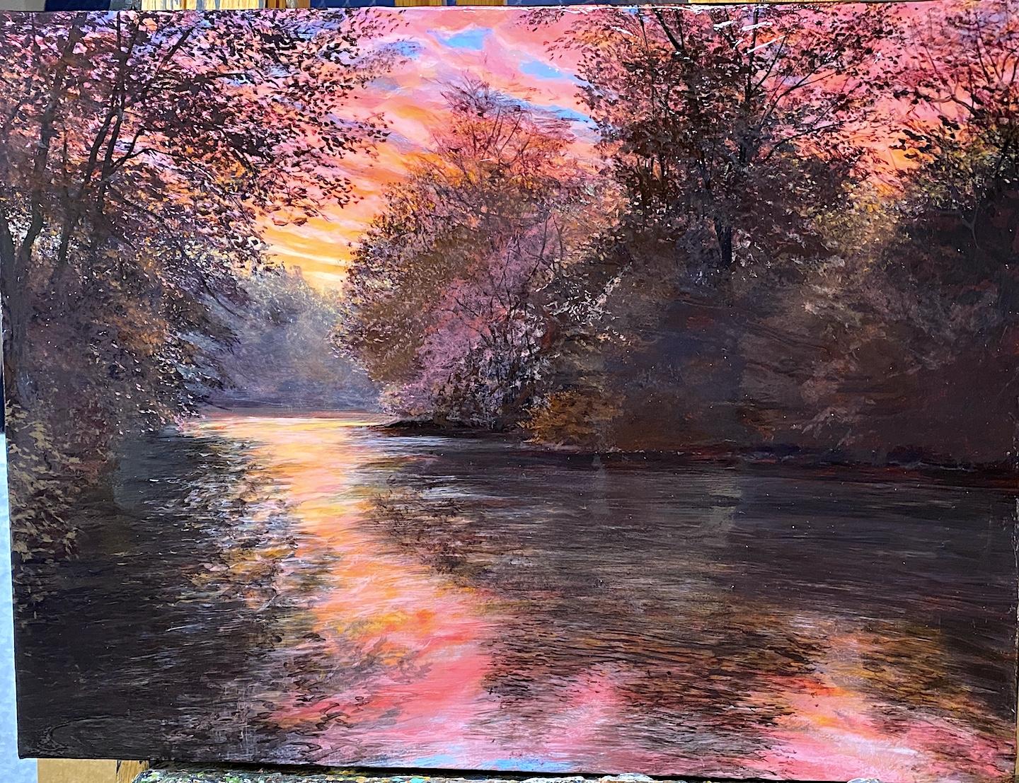 16 X 20: acrylic on canvas, 2021. This painting pushes the brilliant glow of recent sunsets to an extreme saturation. Using layers of traditional paint glazing, a shimmering glow is achieved.