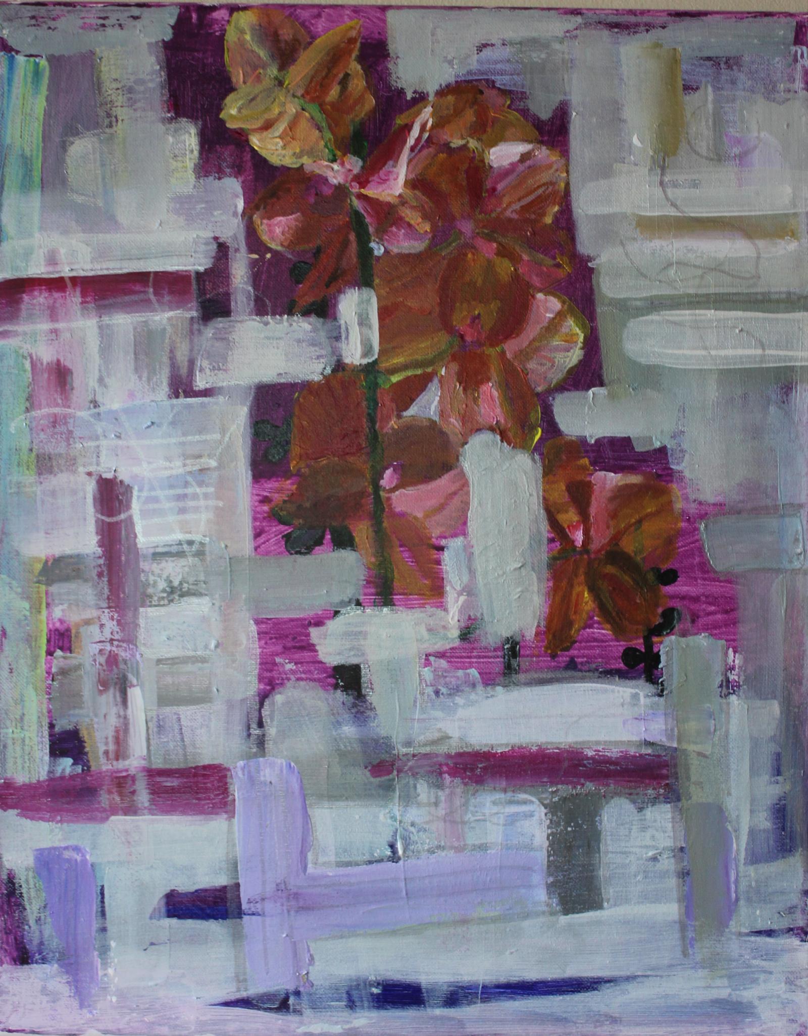 The red orchid in this painting is depicted amongst shades of layers of horizontal and vertical strokes of paint. This painting symbolizes the freedom and untamed beauty of the orchid, one that is unique from any other flower in nature. The lively colors represent the longevity of the orchid. Color that is vibrant is a color that is strong like the great orchid.