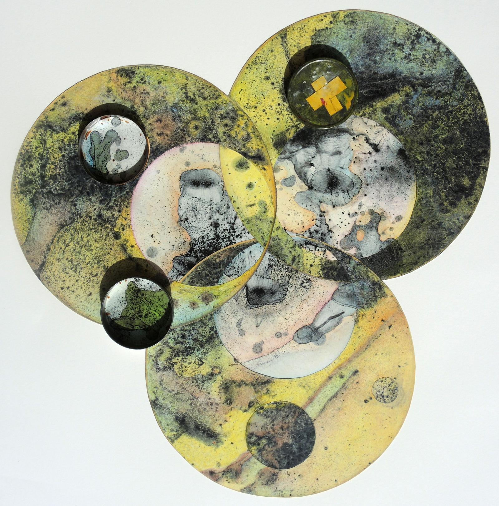 Mixed media collage drawing with assemblage elements