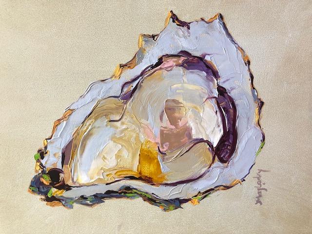 oil painting of an oyster still in the shell.