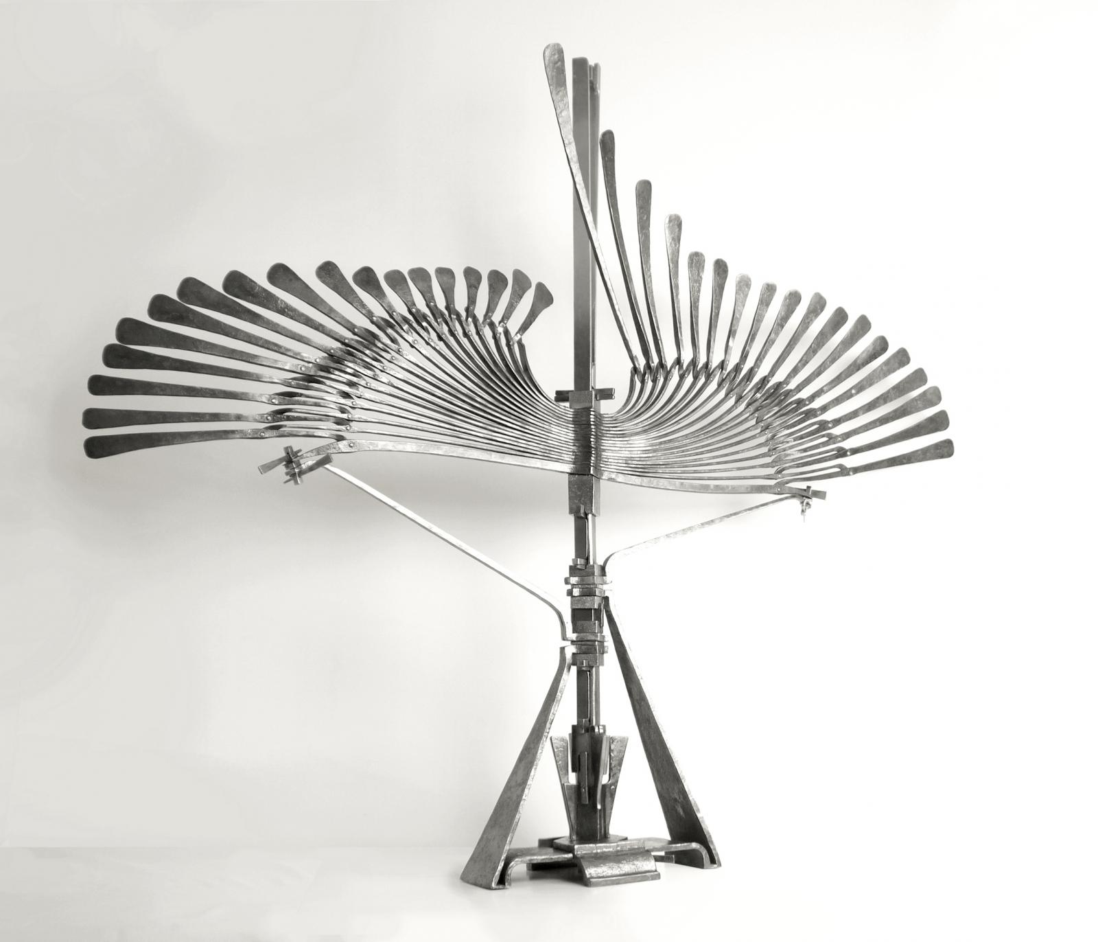 “Arrow” is second piece finished in 2022 in series “Treatise on Siege Machines”.  “Treatise” originated as representing the power of wings – and thus the power of nature – but it evolved into a broader statement of humans’ ability to harness power, using weaponry known as “siege machines” as a metaphor.