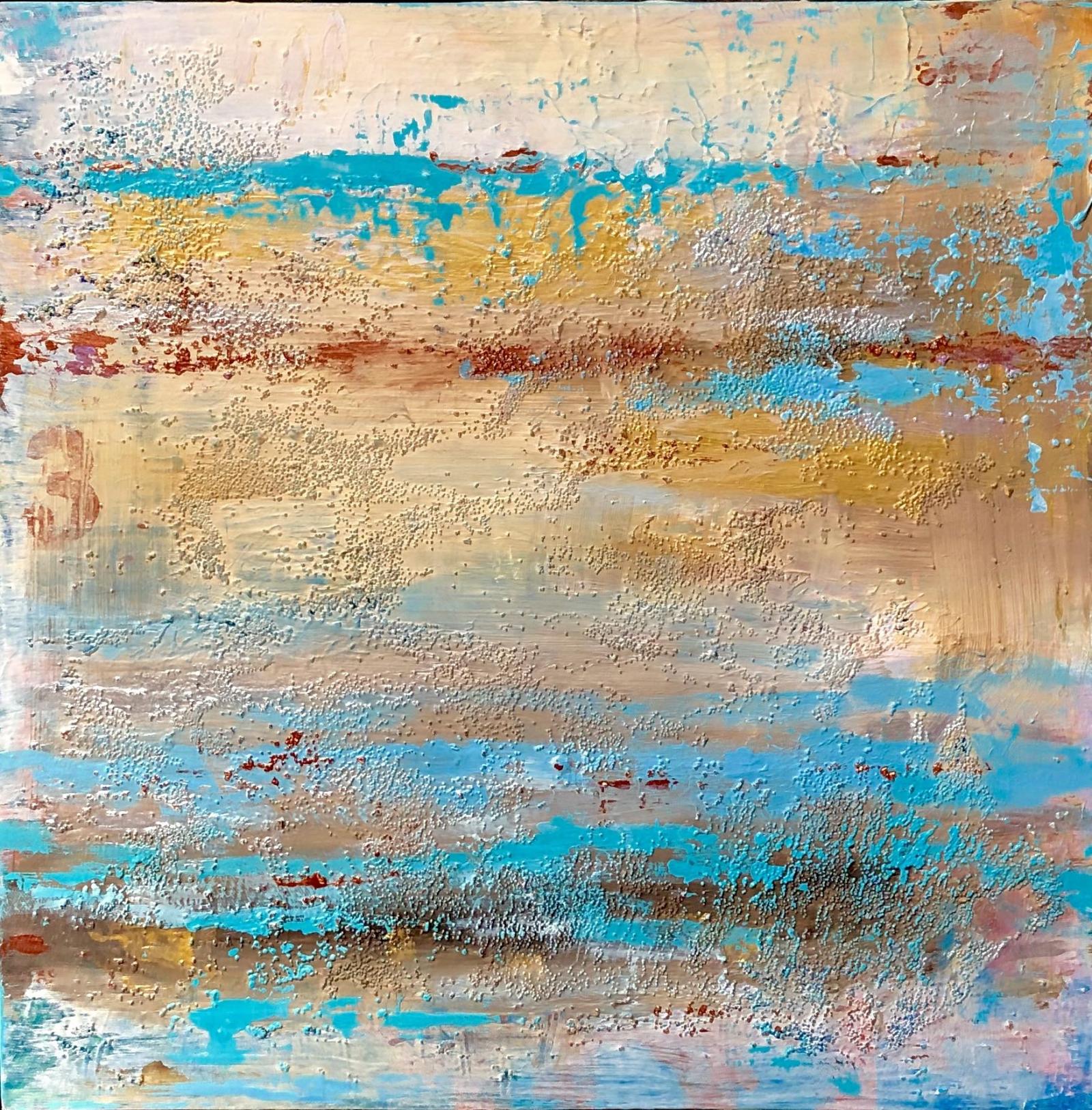More than a dozen layers of paint and glass beads for texture with hues of a beach sunset